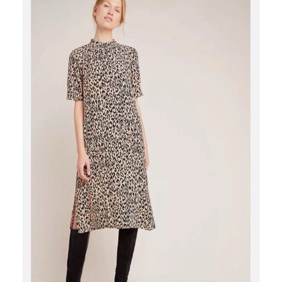By Anthropologie MacKenzie Leopard Print Midi Shift Dress Small Mock Neck V27 - Picture 6 of 8